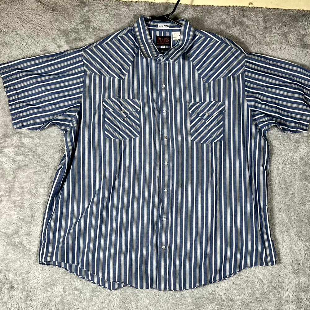 Plains Western Wear Shirt Mens 2X Blue‎ White Striped Cotton Pearl Snap Cowboy